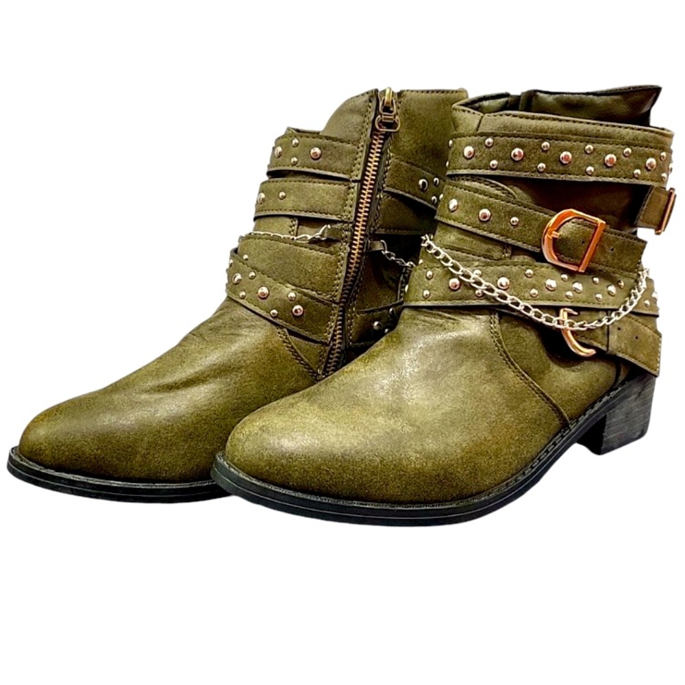 Women’s Green Ankle Boots Buckle Strap Zip Up Size 7.5